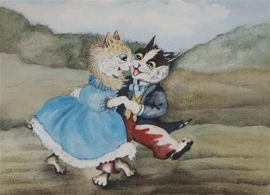 After Louis Wain, ink and watercolour, Dancing cats, 29 x 38cm